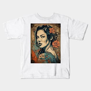 Vintage Rose Blossoms Japanese Woodblock Maple Streetwear Hipster Asian Inspired Retro Manga Samurai Alstroemeria Kids T-Shirt